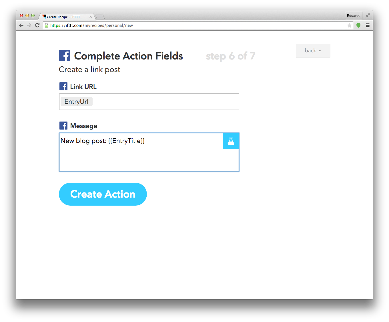 Setting up my Facebook feed on IFTTT (step 6 of 7)