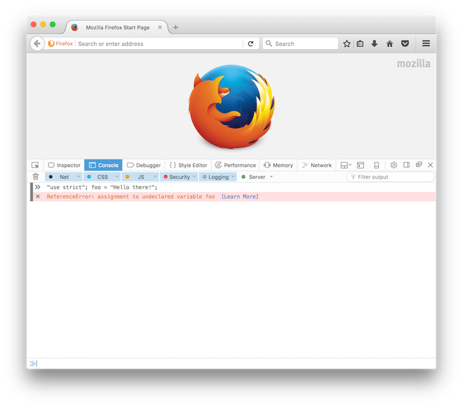 Firefox Web Console showing an error