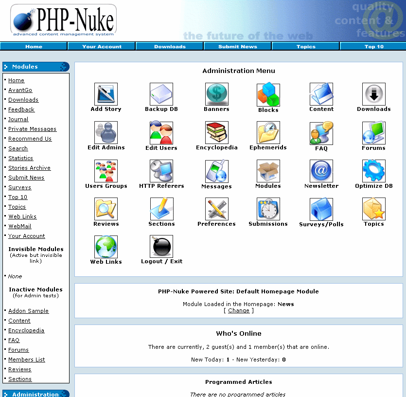 Fig 1. Screenshot of the PHP-Nuke admin panel